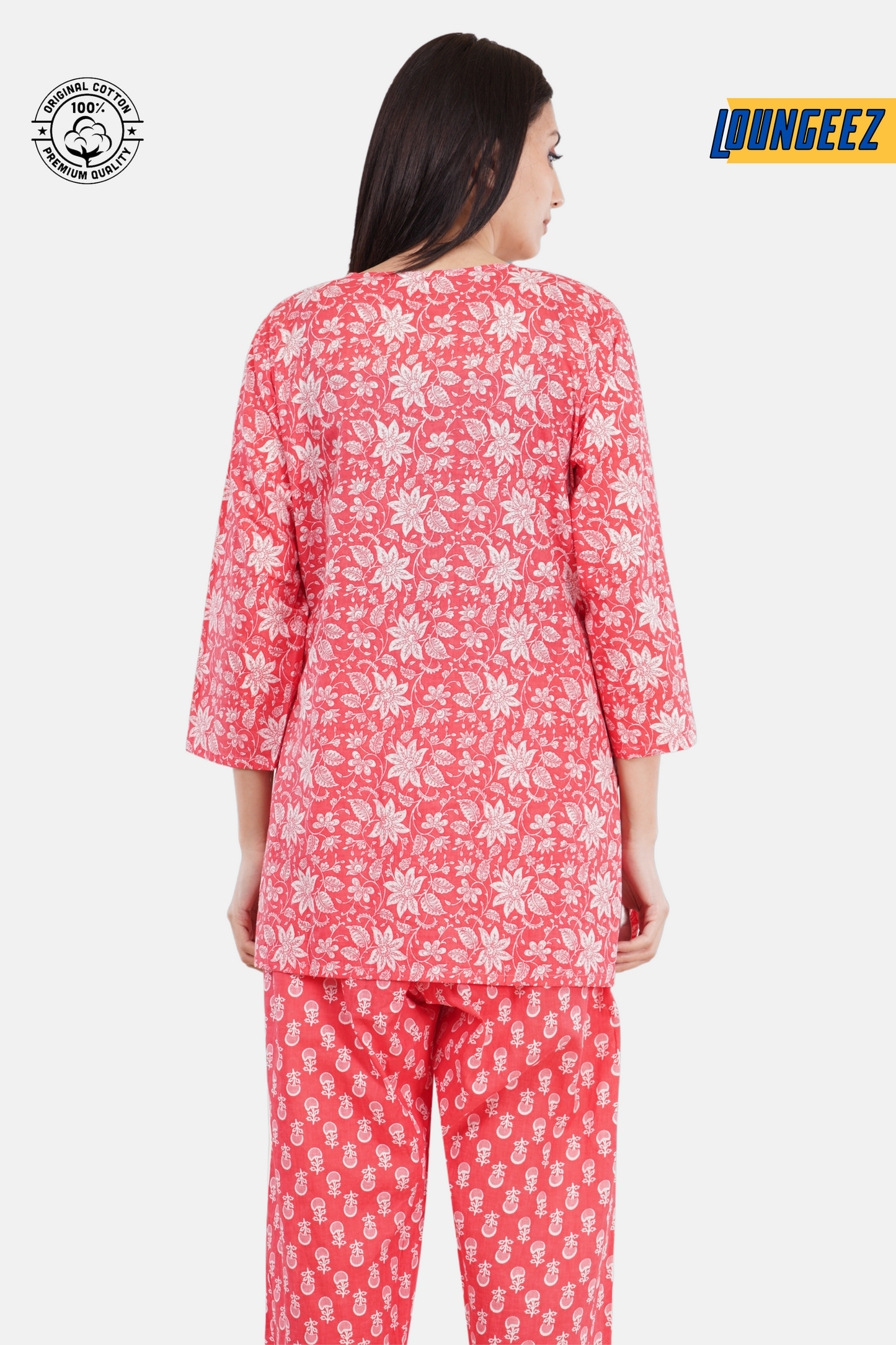Loungeez Red Floral Printed Kurti Set