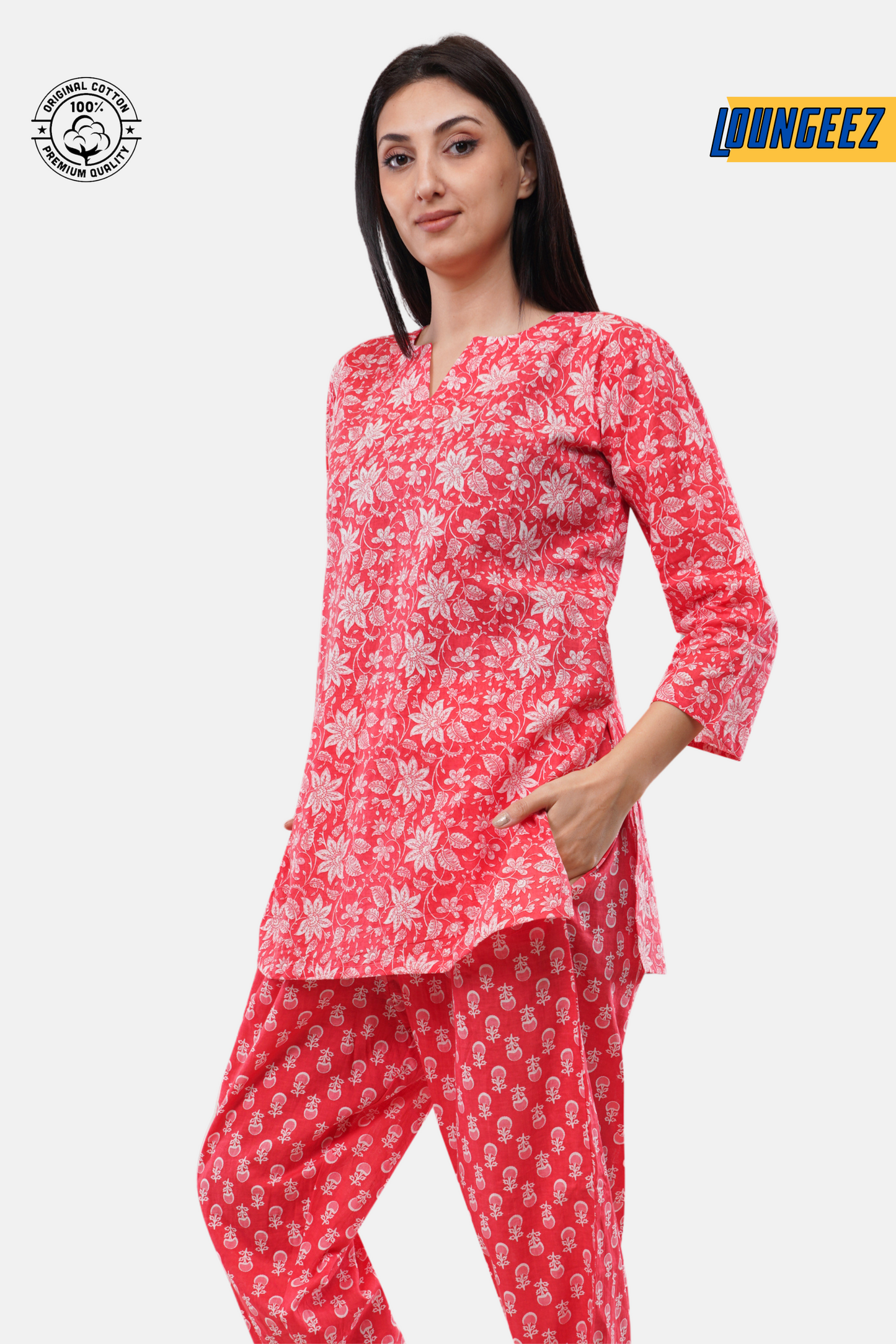 Loungeez Red Floral Printed Kurti Set