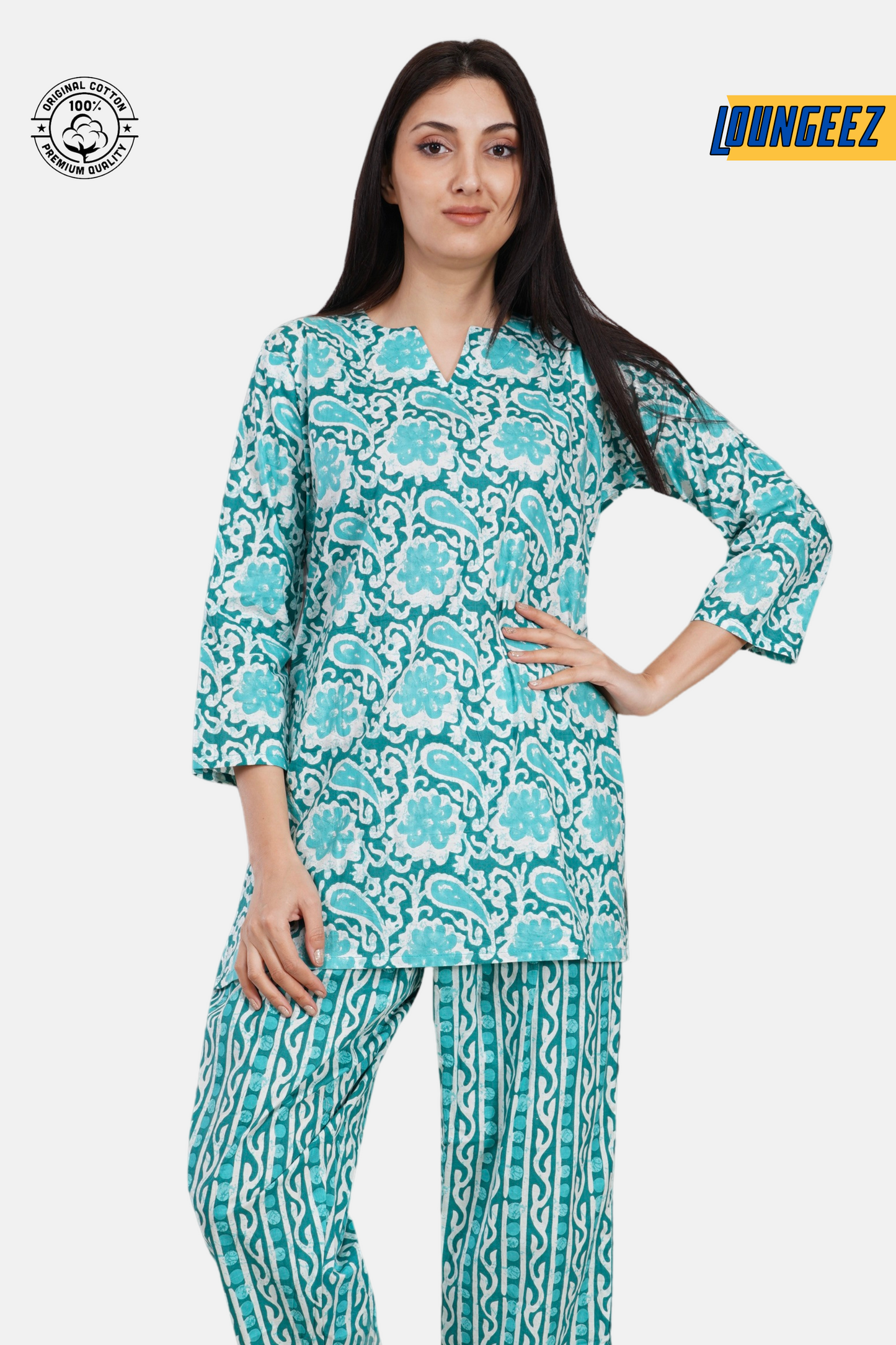 Loungeez Green Floral Printed Kurti Set