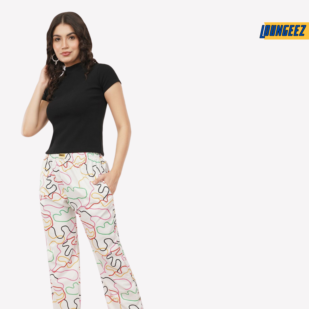 Loungeez White Abstract Printed Pajama