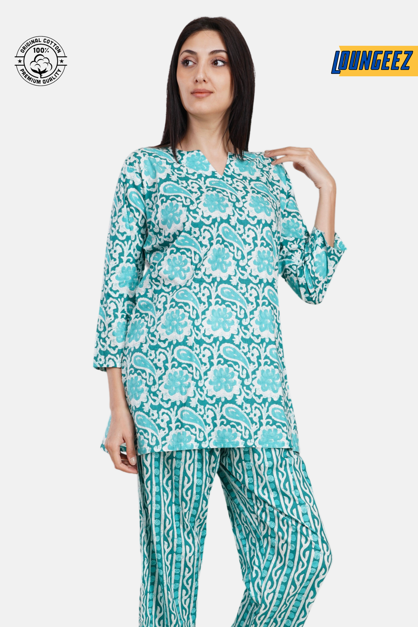 Loungeez Green Floral Printed Kurti Set
