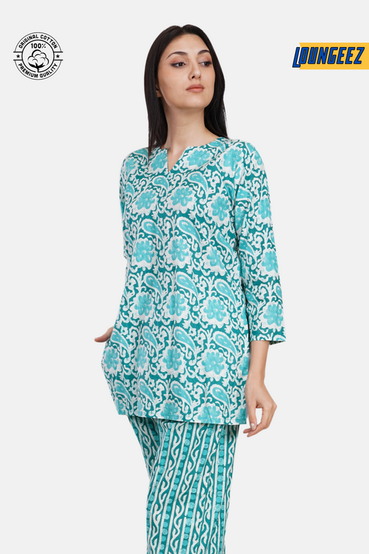 Loungeez Green Floral Printed Kurti Set