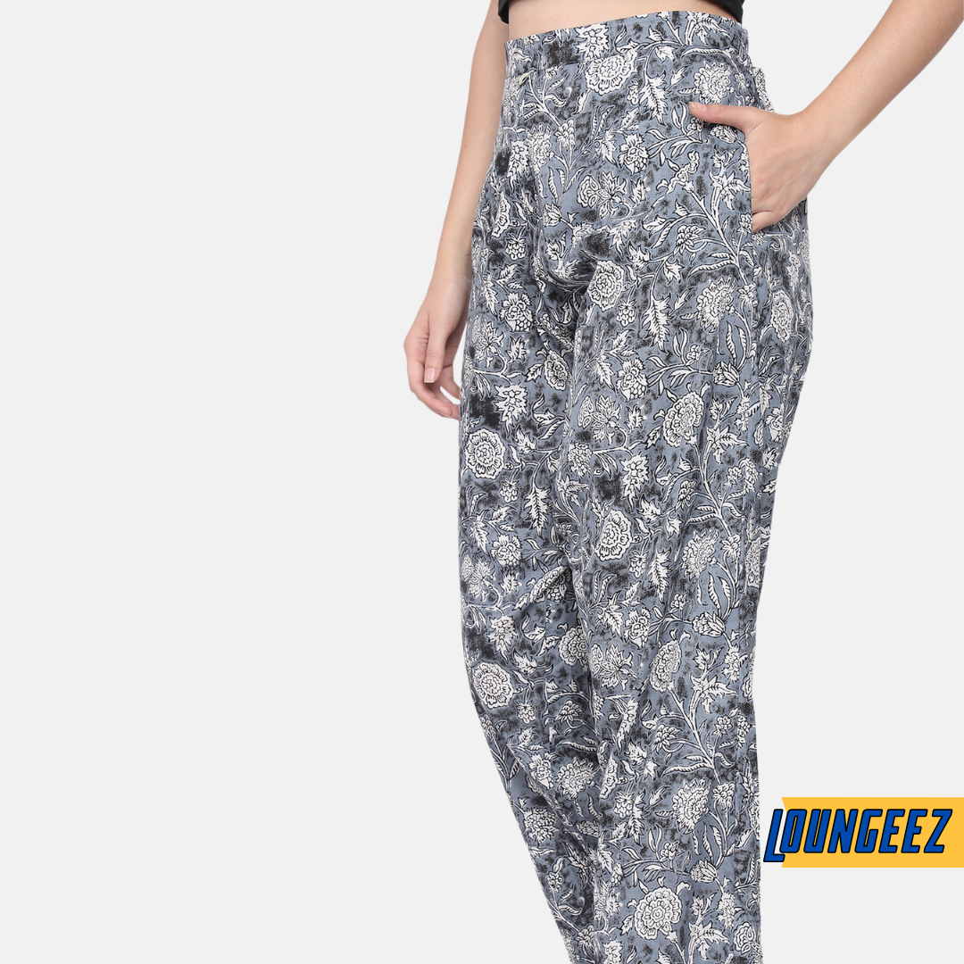 Loungeez Grey Floral Printed Pure Cotton Pant