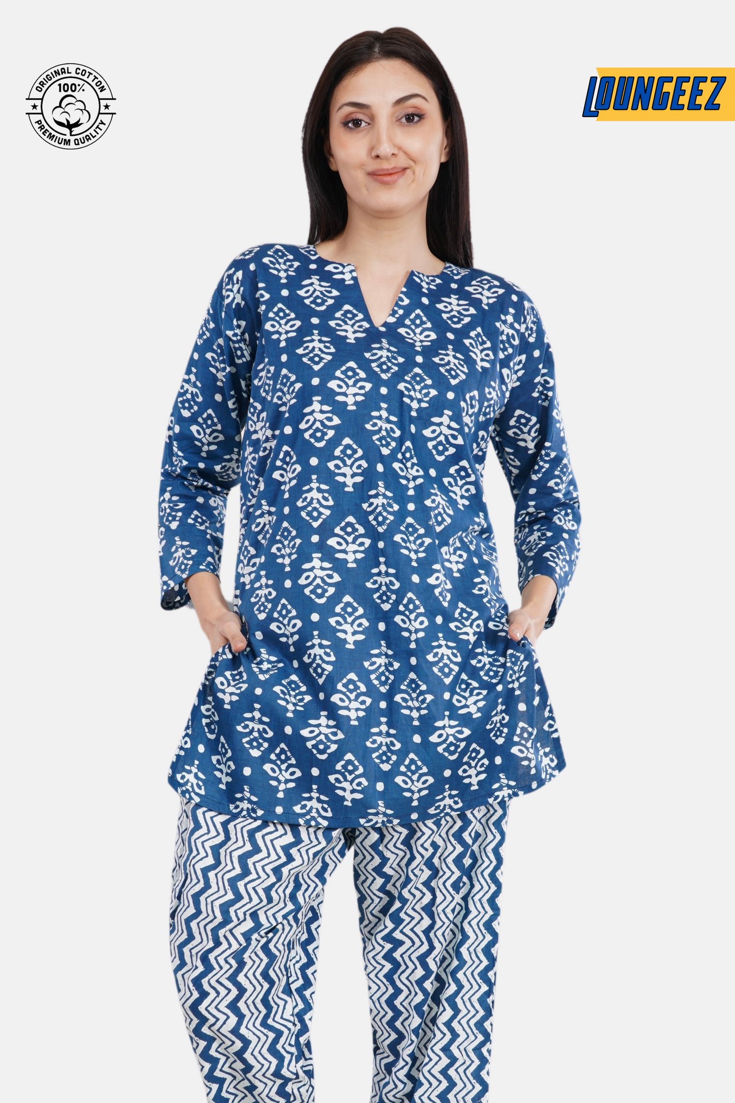 Loungeez Blue/White Printed Kurti Set