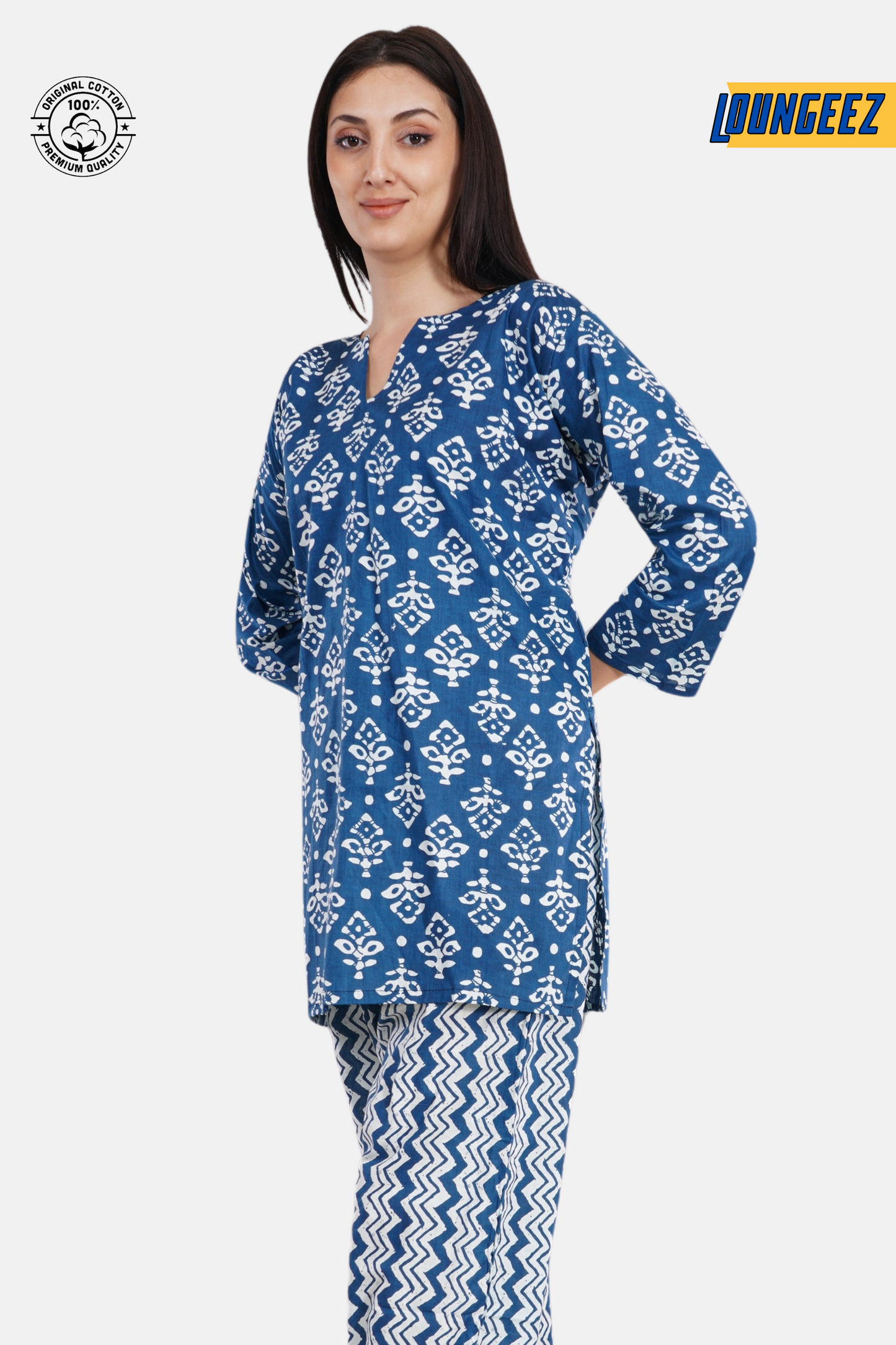 Loungeez Blue/White Printed Kurti Set
