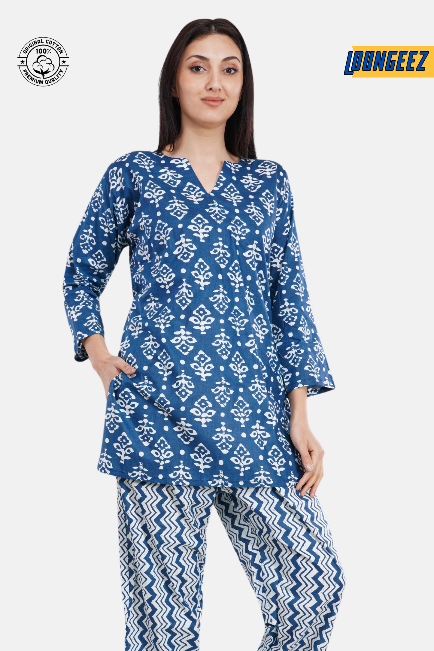 Loungeez Blue/White Printed Kurti Set