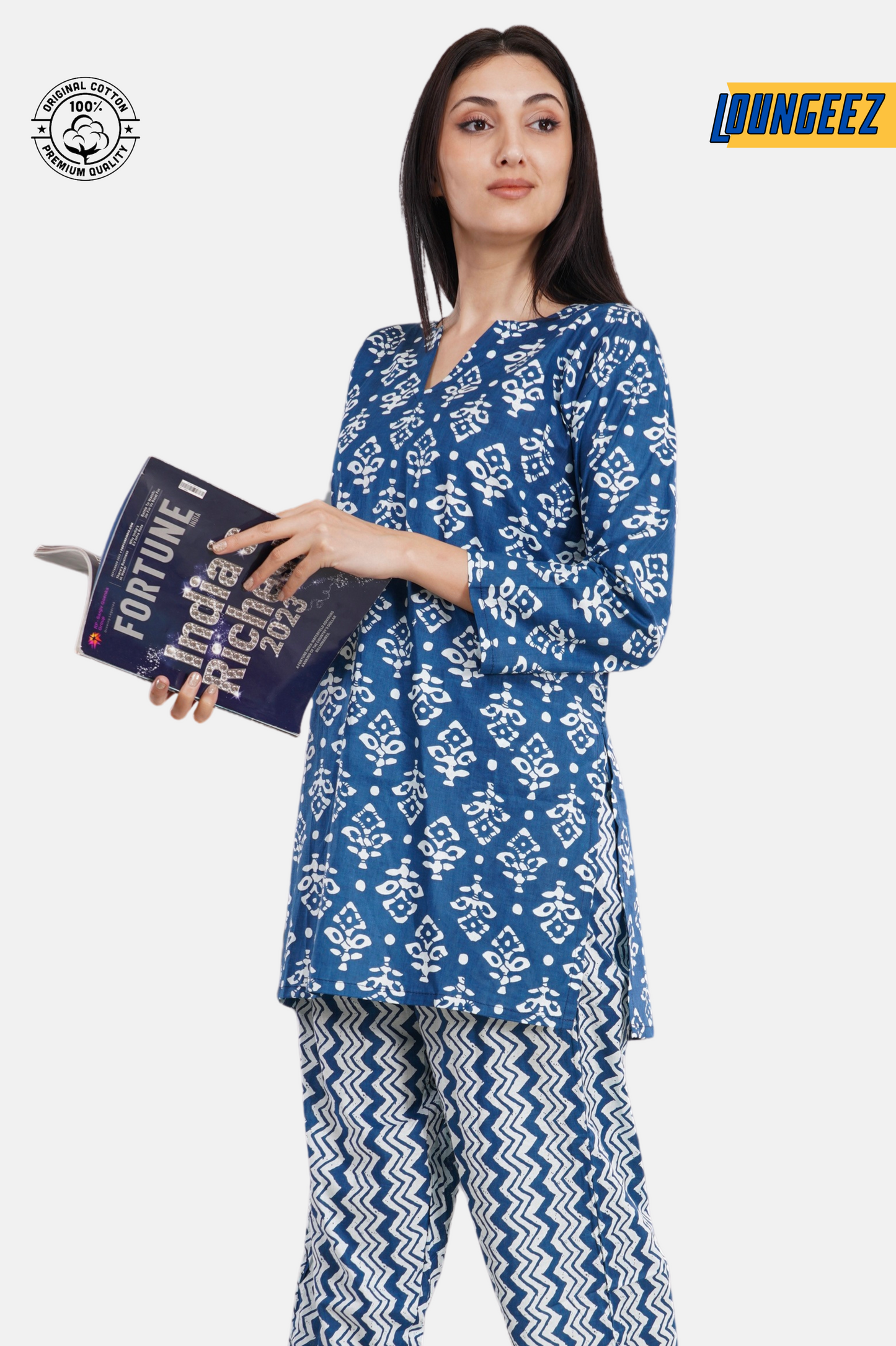 Loungeez Blue/White Printed Kurti Set