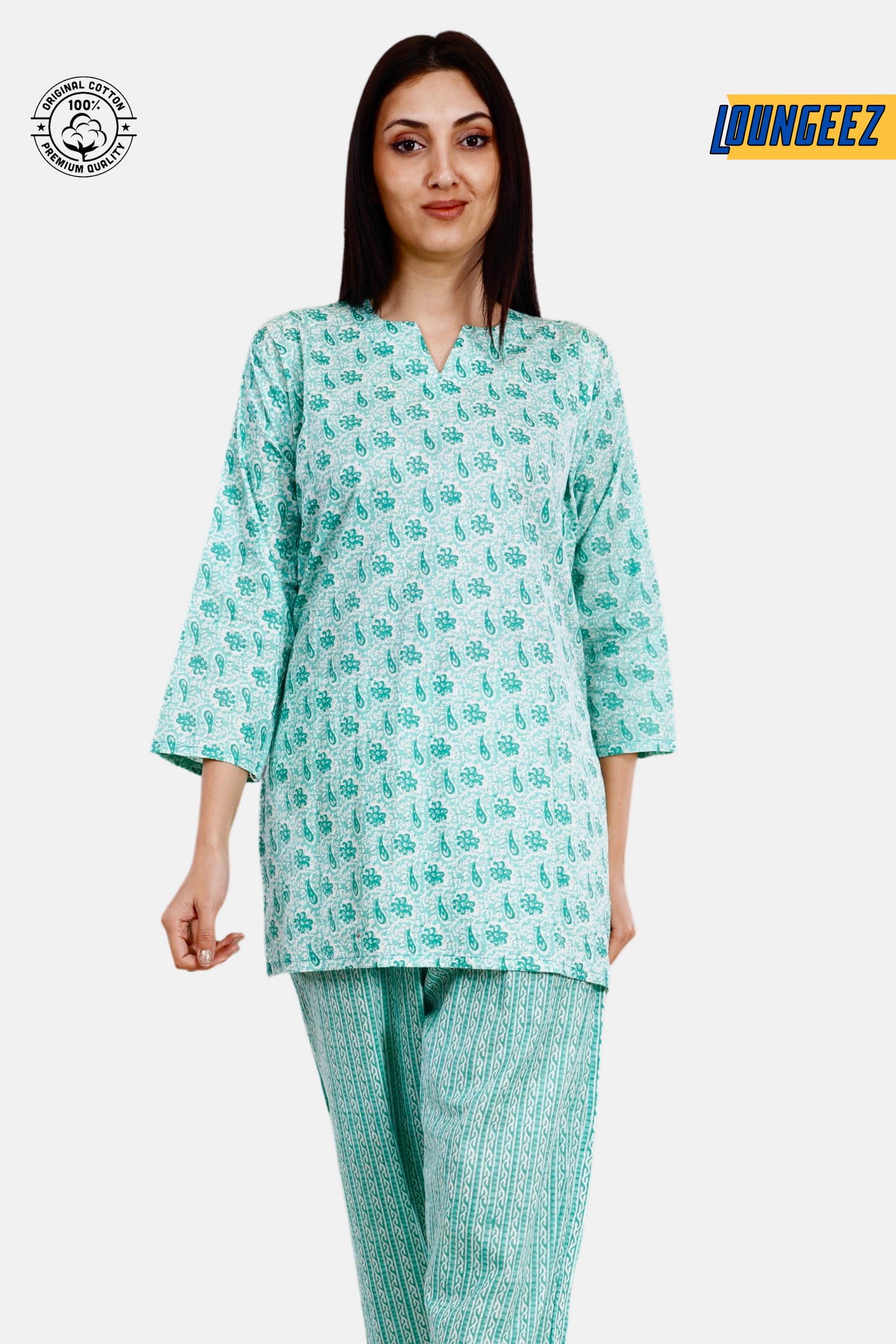 Loungeez Green/White Floral Printed Kurti Set
