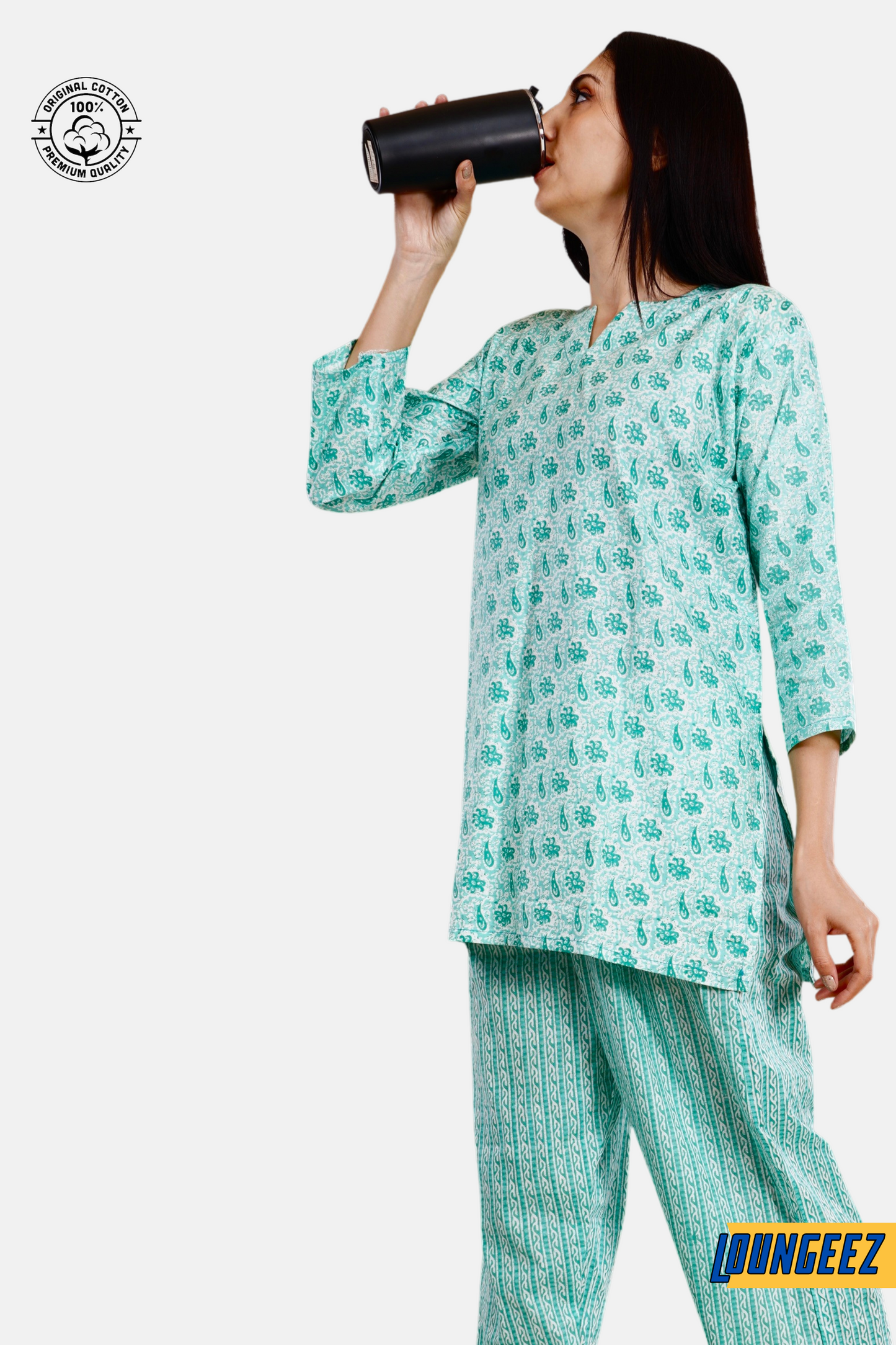 Loungeez Green/White Floral Printed Kurti Set