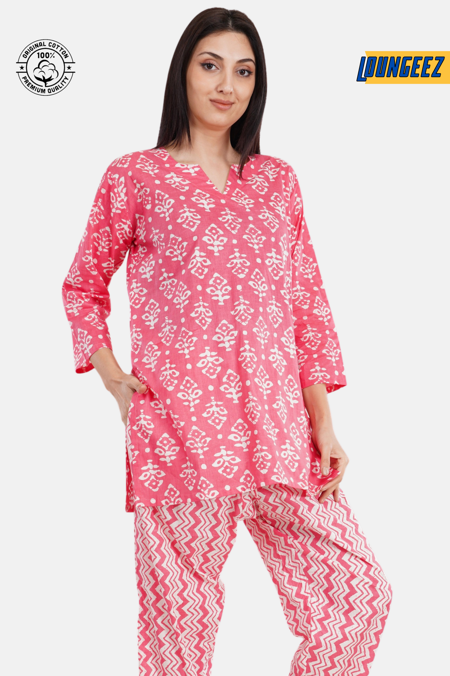 Loungeez Pink/White Kurti Set