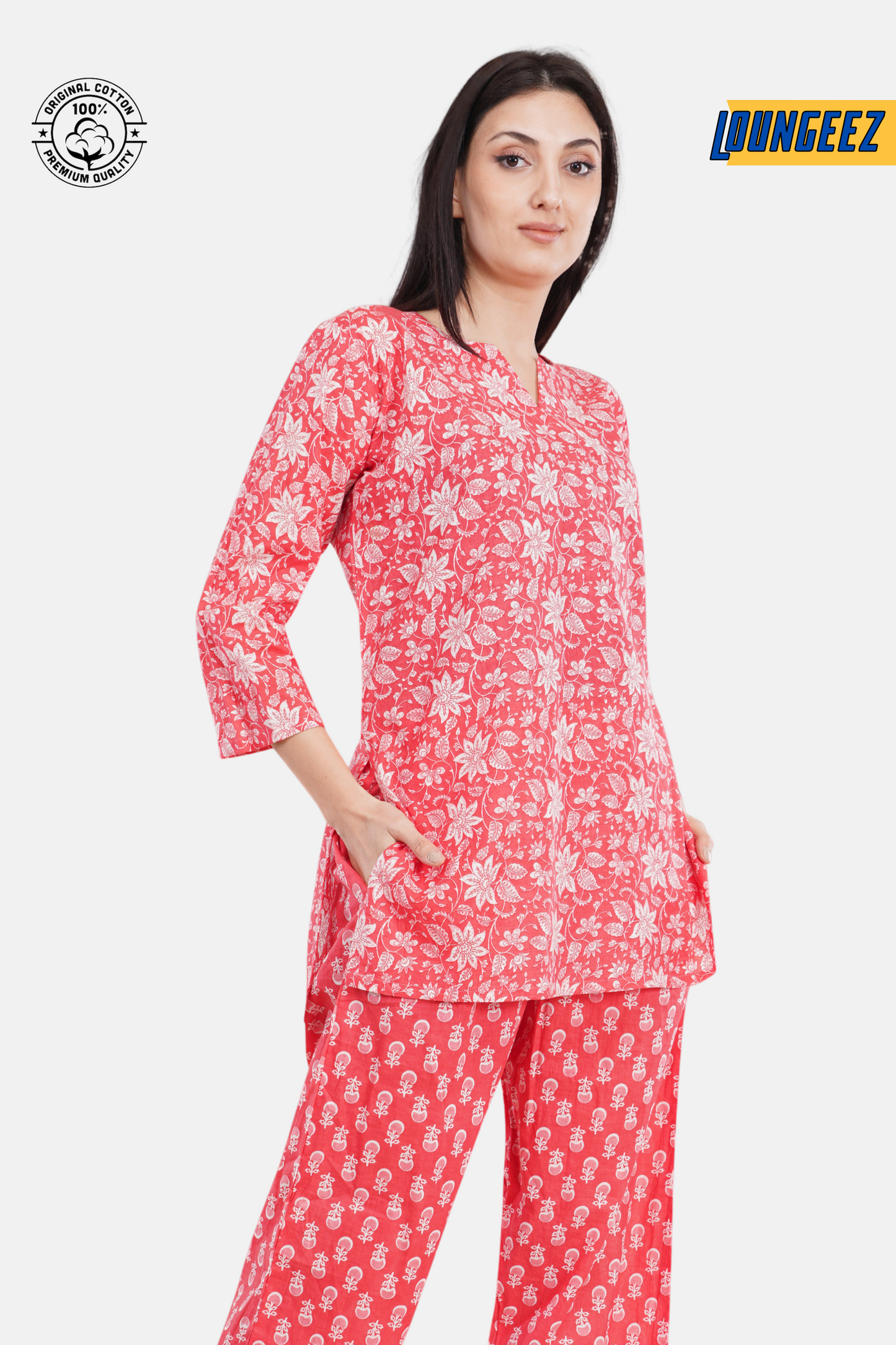 Loungeez Red Floral Printed Kurti Set