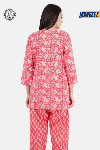 Loungeez Red Floral Printed Kurti Set