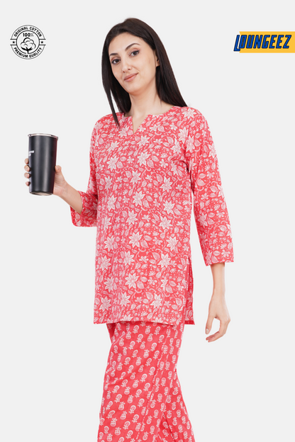 Loungeez Red Floral Printed Kurti Set