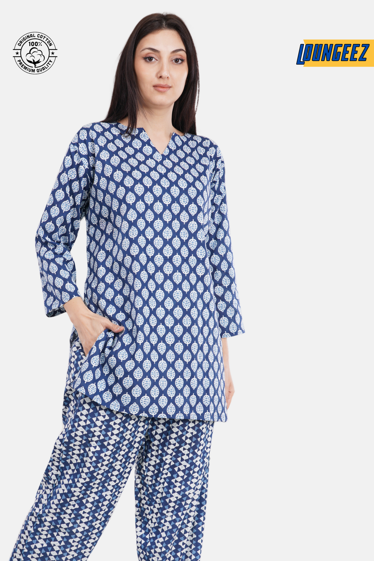 Loungeez Blue Printed Kurti Set