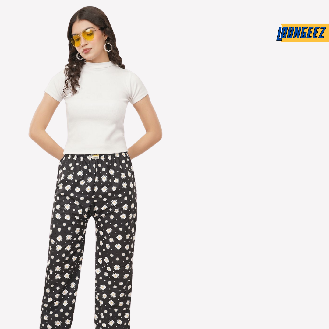 Loungeez Black Daisy Printed Pajama