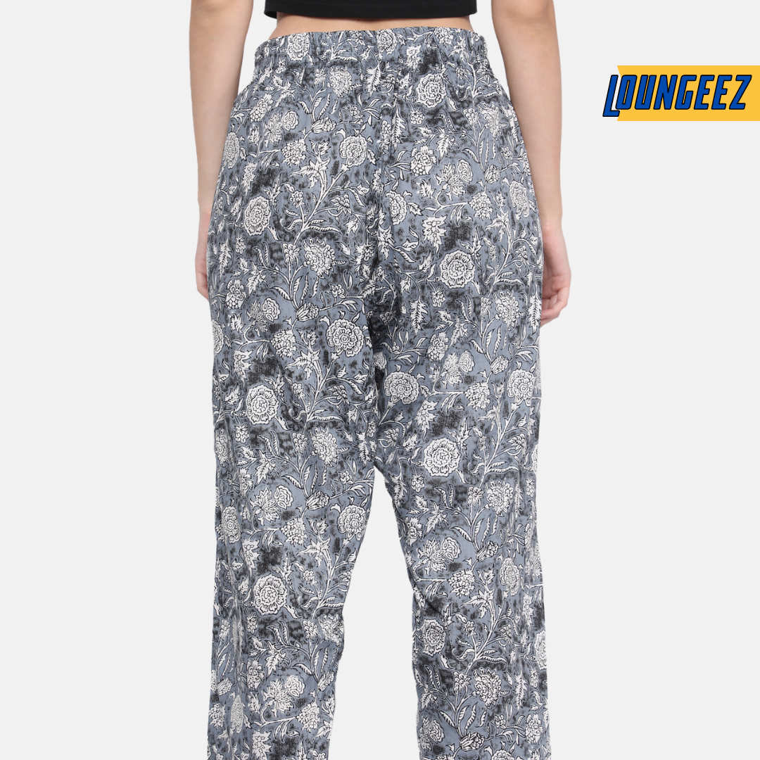 Loungeez Grey Floral Printed Pure Cotton Pant