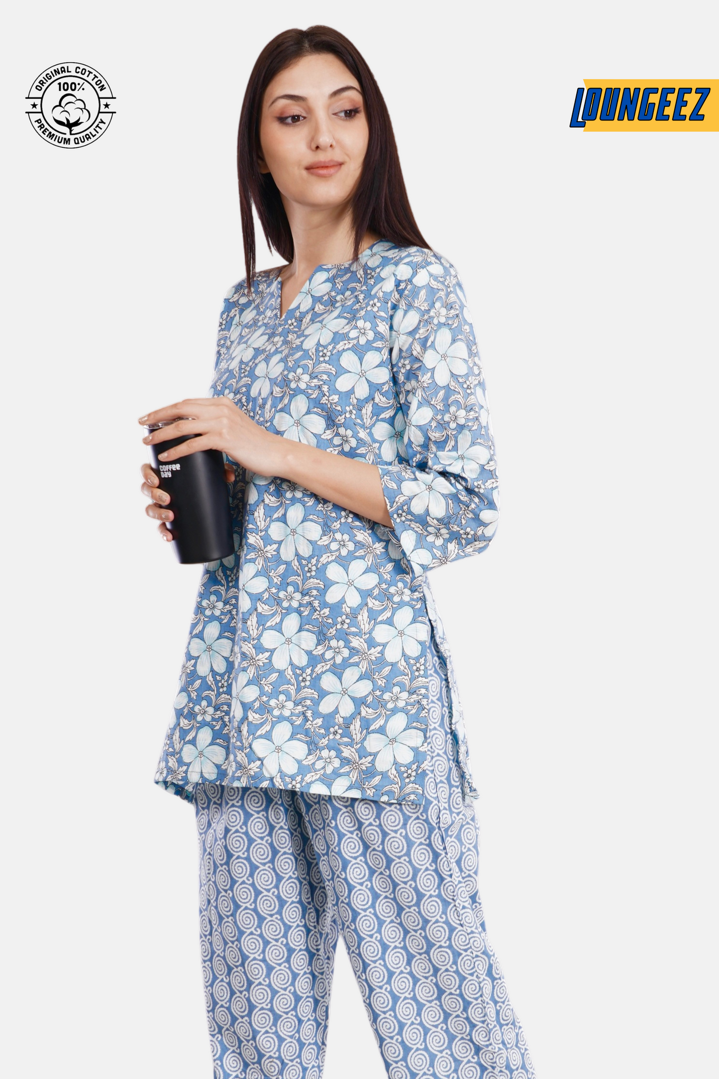 Loungeez Grey Floral Printed Kurti set