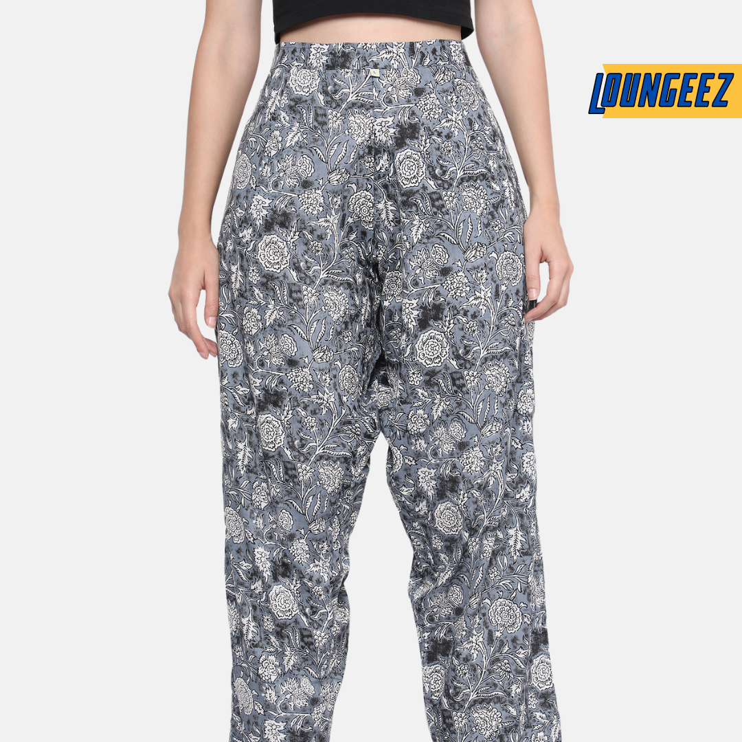 Loungeez Grey Floral Printed Pure Cotton Pant