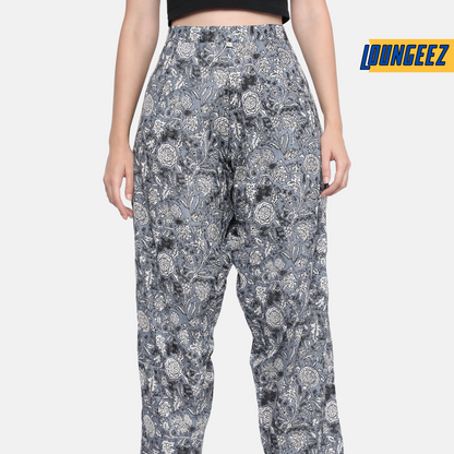 Loungeez Grey Floral Printed Pure Cotton Pant