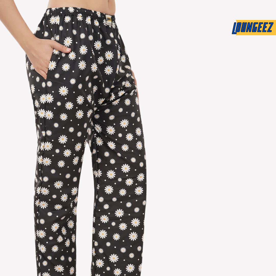 Loungeez Black Daisy Printed Pajama