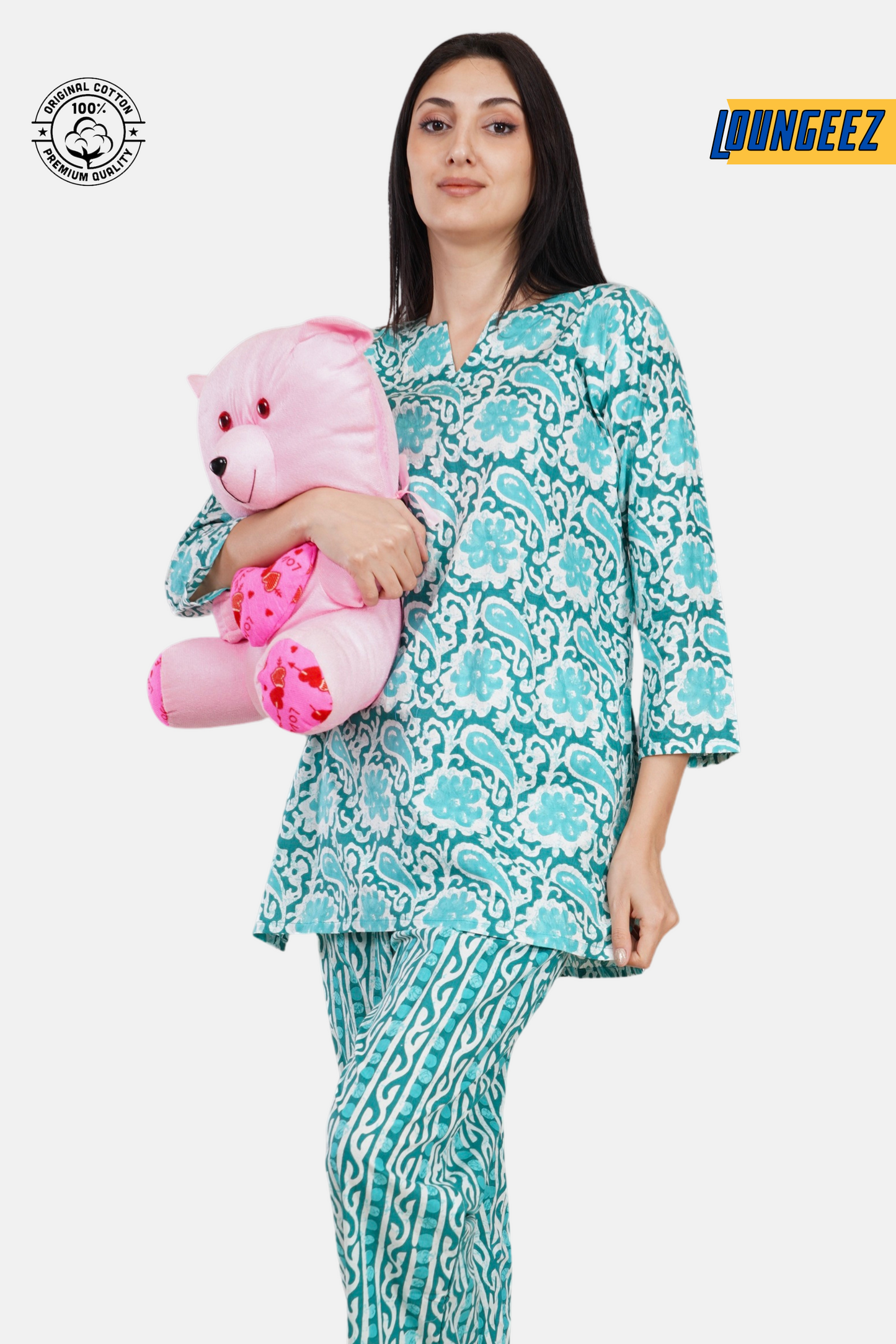 Loungeez Green Floral Printed Kurti Set
