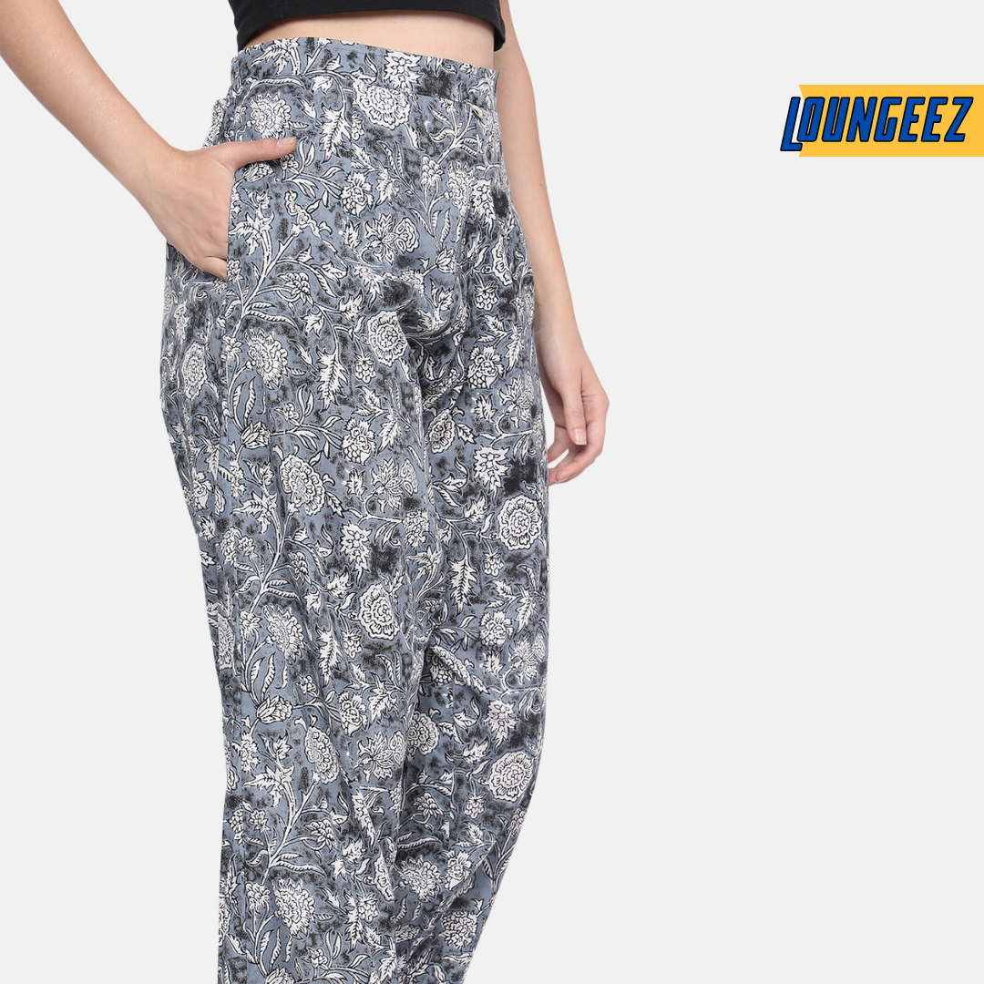 Loungeez Grey Floral Printed Pure Cotton Pant