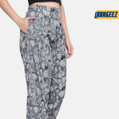 Loungeez Grey Floral Printed Pure Cotton Pant