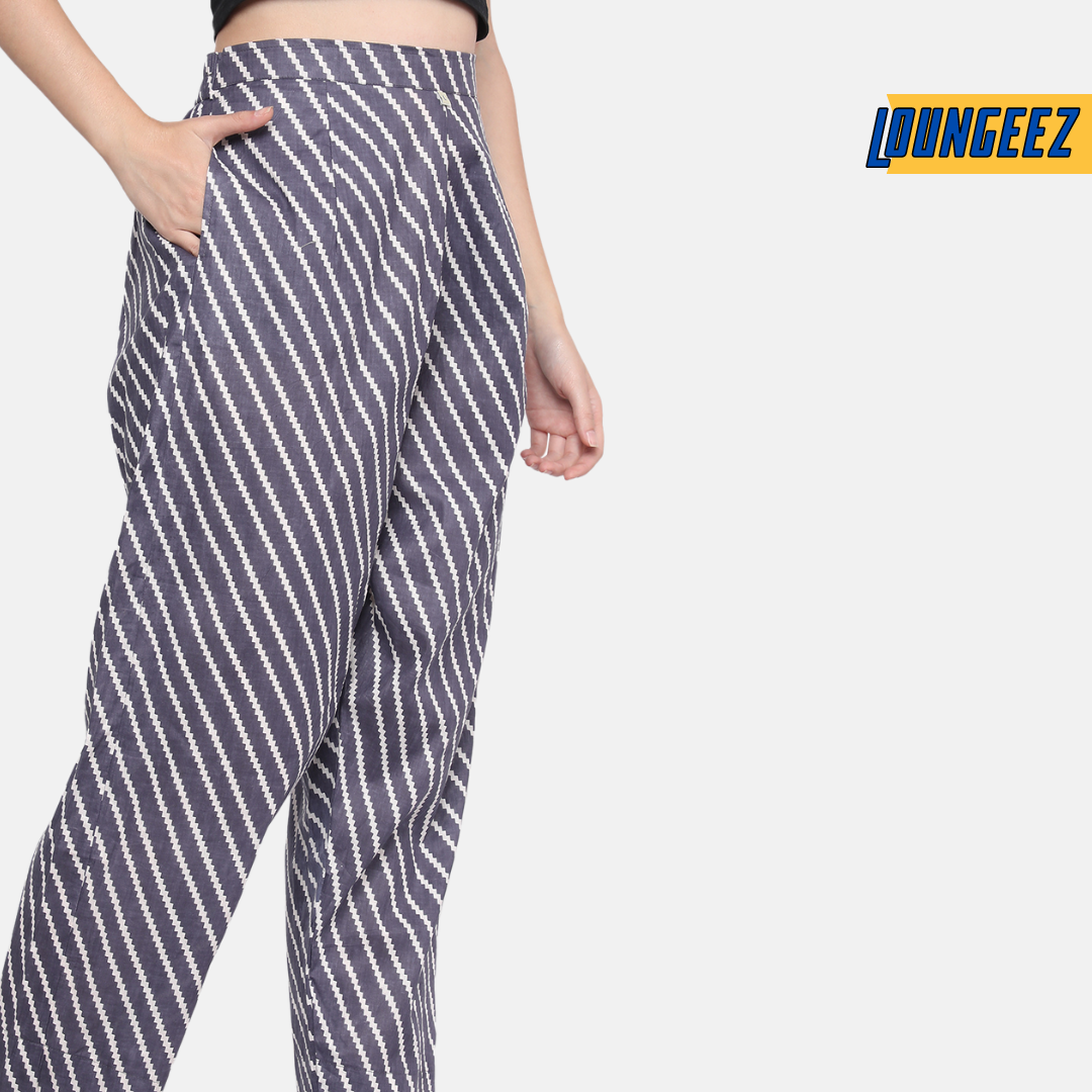 Loungeez Grey/White Striped Pure Cotton Pant