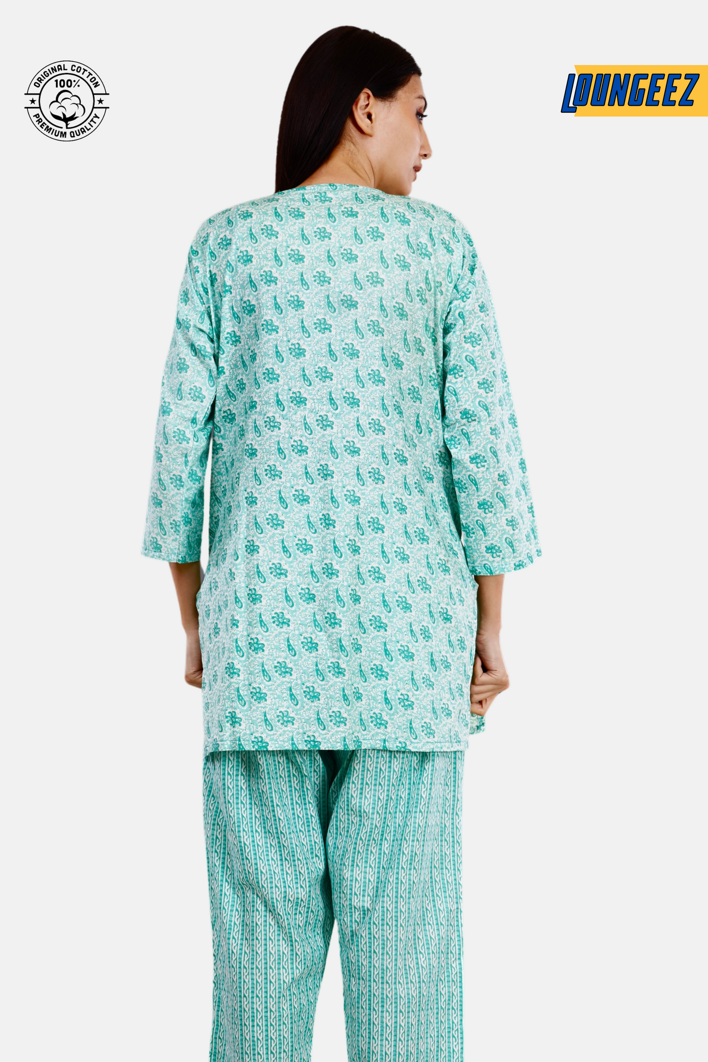 Loungeez Green/White Floral Printed Kurti Set