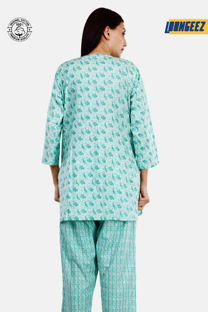 Loungeez Green/White Floral Printed Kurti Set
