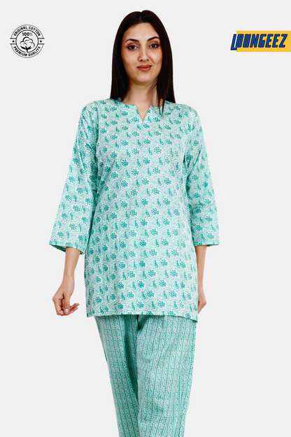 Loungeez Green/White Floral Printed Kurti Set