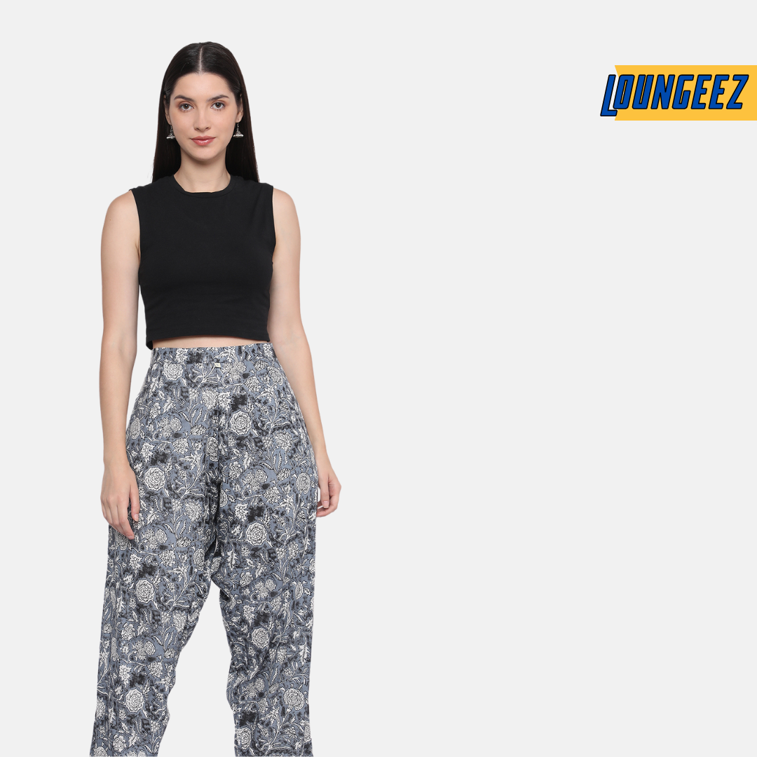 Loungeez Grey Floral Printed Pure Cotton Pant
