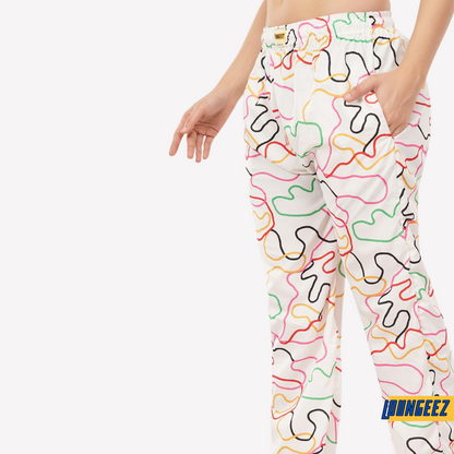 Loungeez White Abstract Printed Pajama