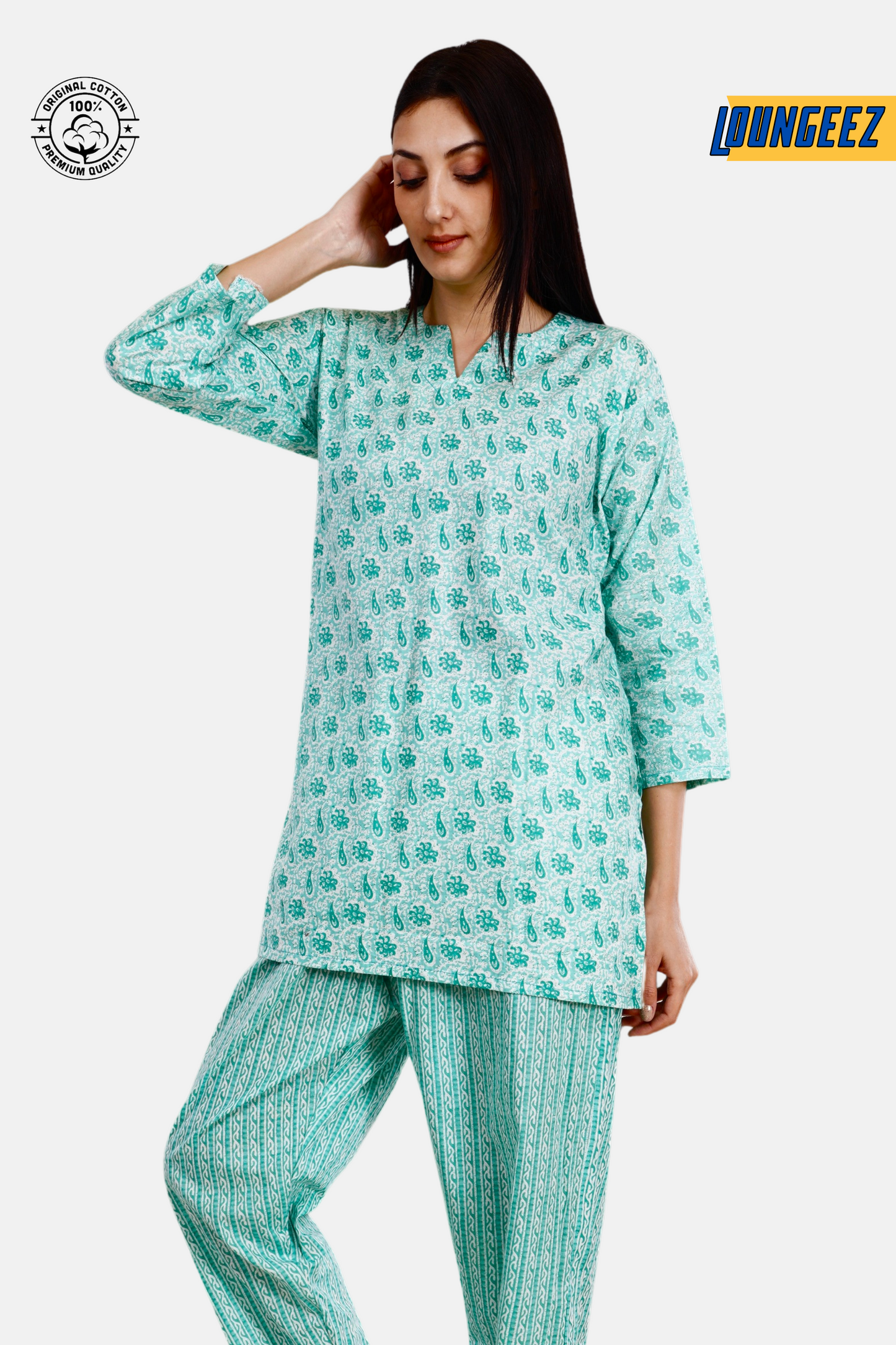 Loungeez Green/White Floral Printed Kurti Set