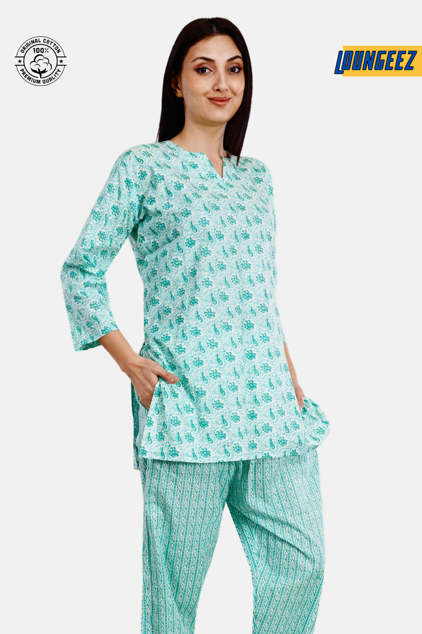 Loungeez Green/White Floral Printed Kurti Set