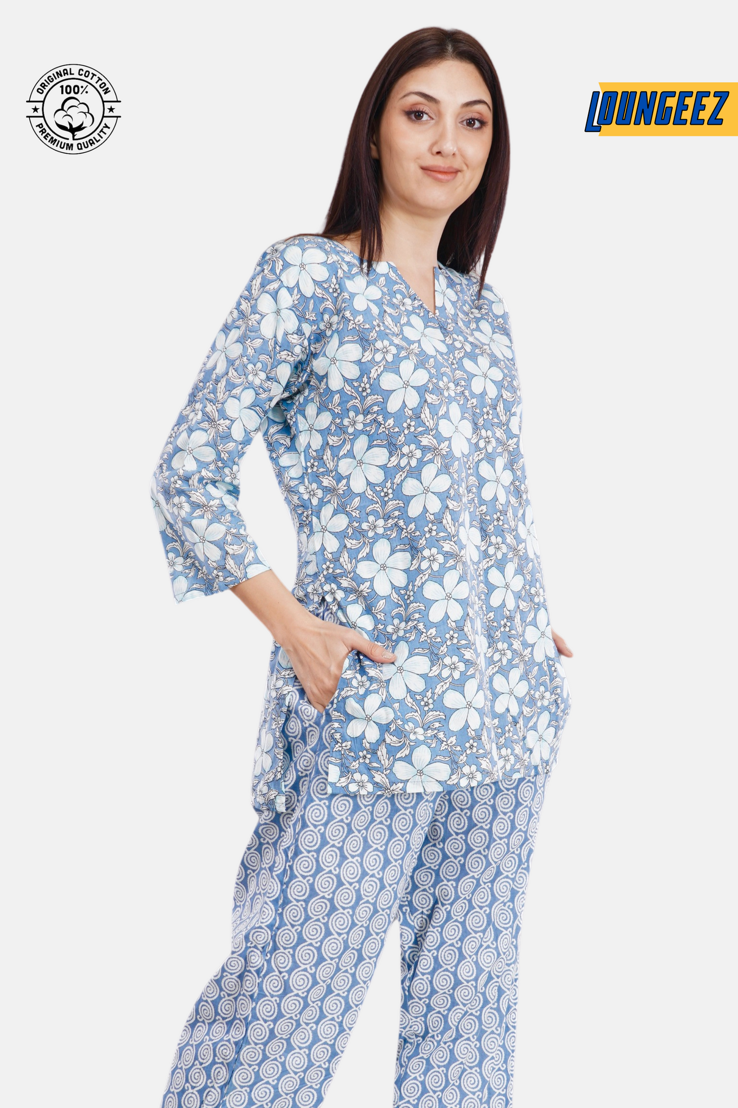 Loungeez Grey Floral Printed Kurti set