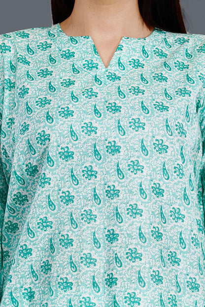 Loungeez Green/White Floral Printed Kurti Set