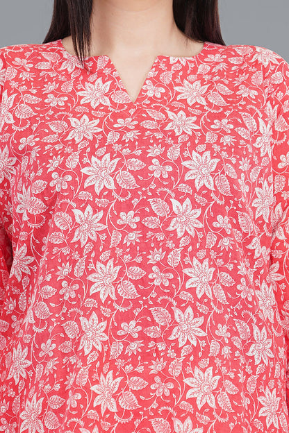 Loungeez Red Floral Printed Kurti Set